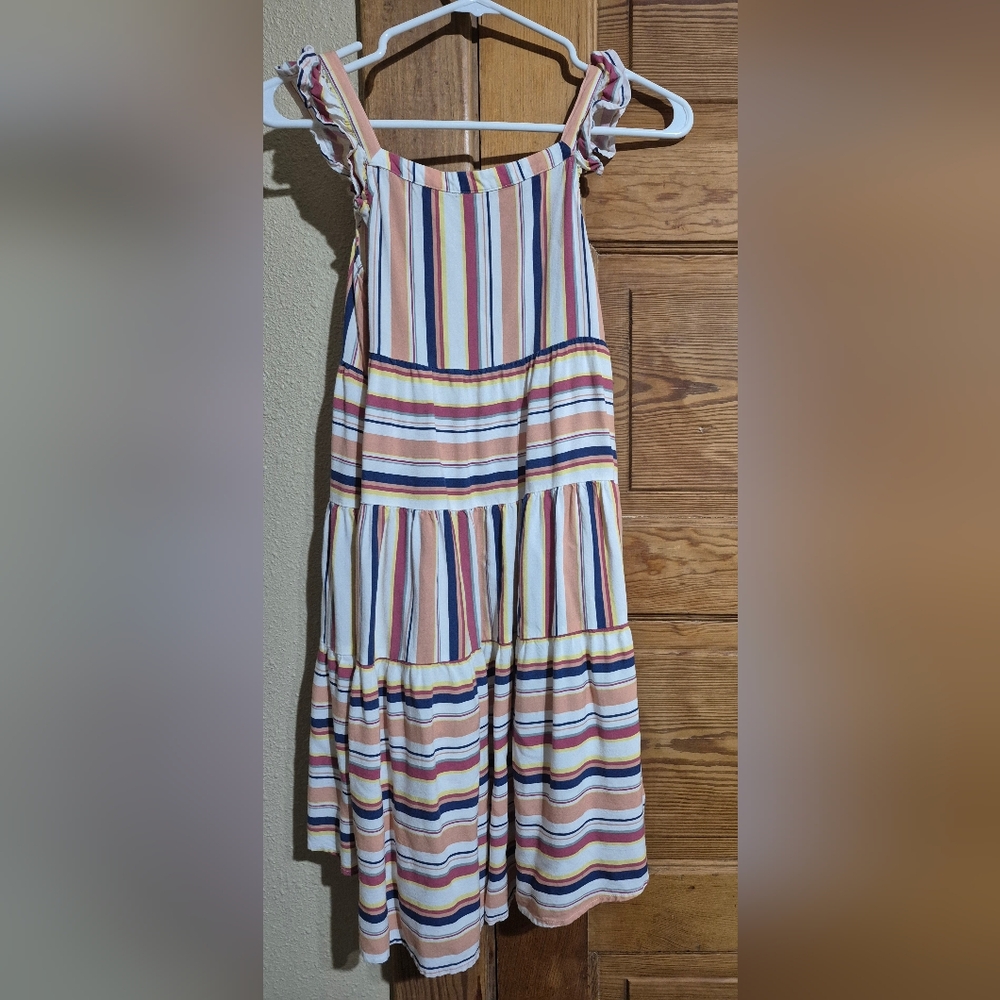 Evsie Girl's Size Large Striped Pattern Tiered Dress with Asymmetrical Hemline